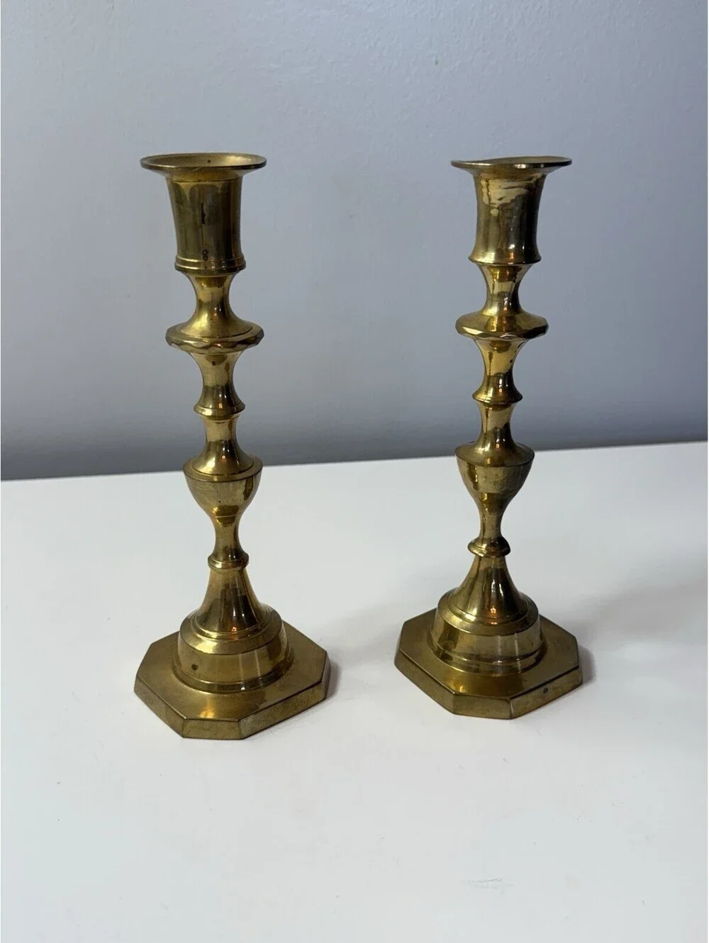 Vintage Pair of Solid Brass Candlestick  Holders 8” H For Tapered Candles India